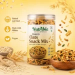 Jar of Nutrible Baked Oats Snack Mix, a baked millet and oat snack